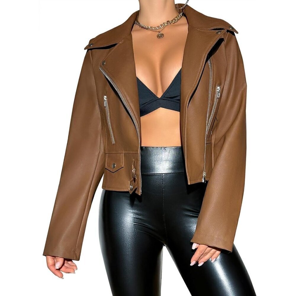Leather Jacket Women Moto Biker Zip Up Jacket Open Front Coat Outwear